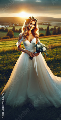 Beautiful Bride at Sunset Holding White Roses in a Scenic Countryside