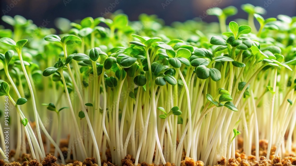 Obraz premium Close-up of cress sprouts, cress, green, healthy, fresh, macro, close-up, detail, organic, food, ingredients, salad