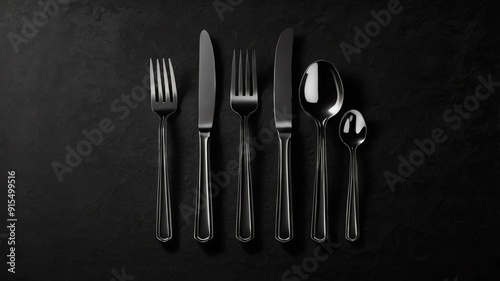 A set of silverware: two forks, two knives, and two spoons, all laid out in a row against a dark background.