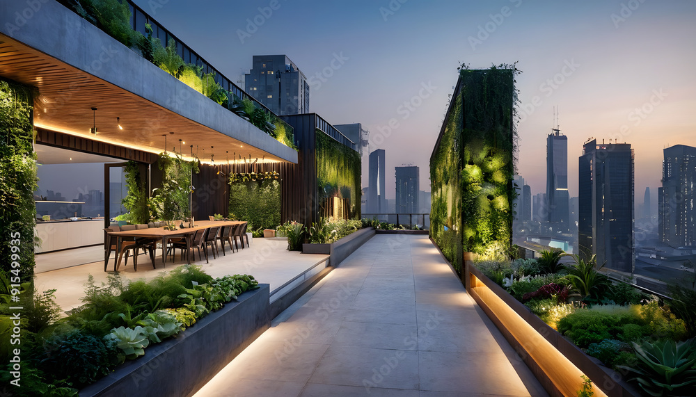 Luxury Rooftop Terrace with Vertical Garden and Stunning City Skyline View Luxury Rooftop Terrace with Vertical Garden and Stunning City Skyline View