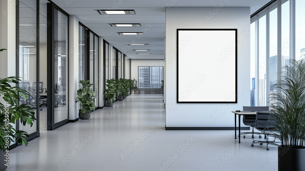 Blank poster on modern office corridor wall mockup Blank poster on modern office corridor wall mockup