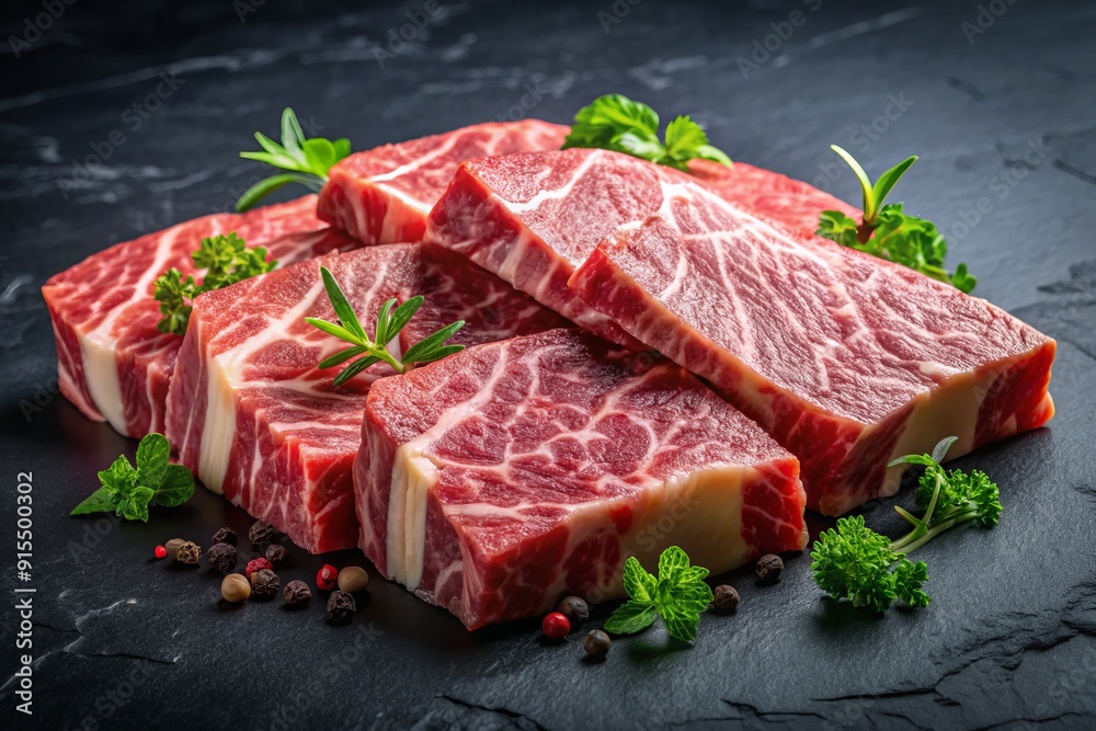 Fototapeta premium Delicate, marbled slices of premium Wagyu beef layered artfully on a sleek black background, showcasing rich textures and succulent colors, evoking savory sophistication.