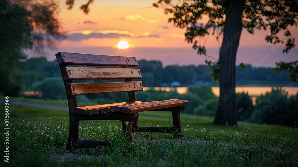 Wooden bench overlooking sunset lake. Wooden bench overlooking sunset lake.