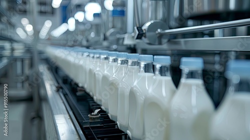 A dynamic dairy production line with milk being bottled and packaged.