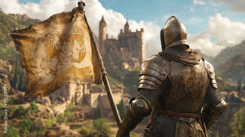 Medieval knight in shining armor holding a banner of victory, castle ruins behind