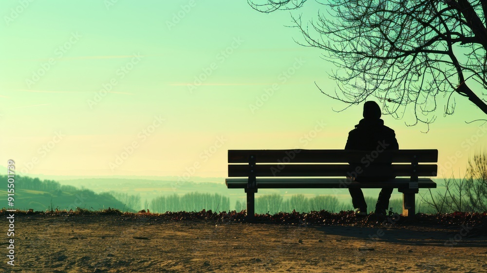 Silhouette of a Person Sitting on a Bench with a View of a Distant Forest. Silhouette of a Person Sitting on a Bench with a View of a Distant Forest.