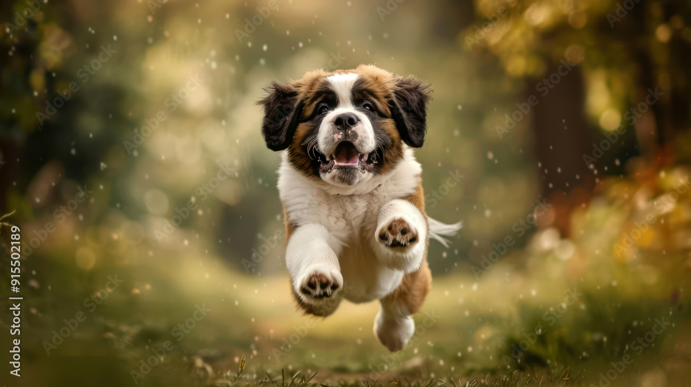 Adorable Saint Bernard dog jumping, looking happy and energetic Perfect pet photography showcasing the playful and lively nature of this breed