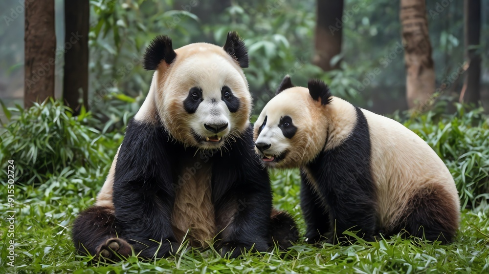 Naklejka premium A grassy area. They are both eating bamboo.