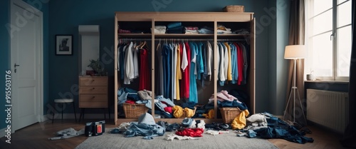 Colorful wardrobe with clothes scattered on the floor, showcasing a disorganized yet vibrant home atmosphere