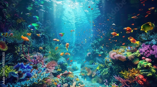 A vibrant underwater scene featuring a variety of colorful fish swimming around a lush coral reef, illuminated by sunlight filtering through the water.