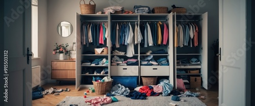 Cluttered closet scene showcasing disarray of clothes, organization issues, and lifestyle choices photo