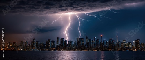 Dramatic city skyline illuminated by lightning amidst dark storm clouds over water