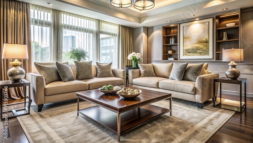 Elegant living room features a plush sofa, sleek coffee table, and soft carpet, creating a warm and inviting atmosphere with neutral tones and modern accents.