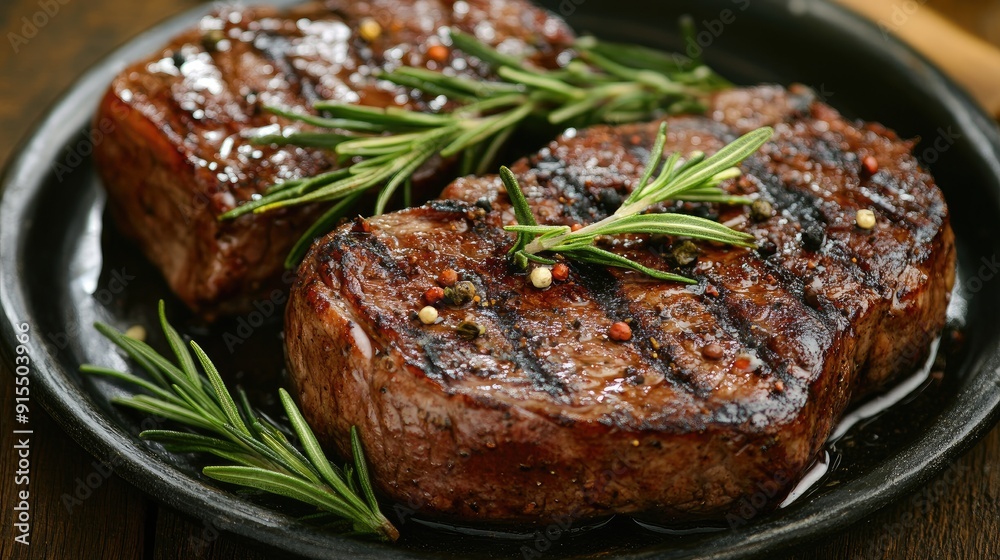 Grilled beef steak with a garnish of rosemary, perfectly seared and ready to be served. Grilled beef steak with a garnish of rosemary, perfectly seared and ready to be served.