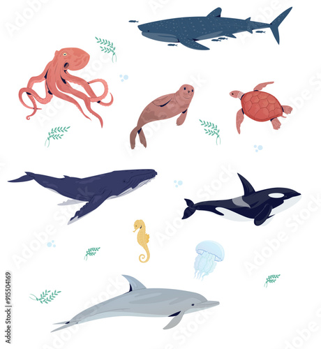 Underwater animals set with hand drawn sea life elements. Vector doodle cartoon set of marine life objects for your design.