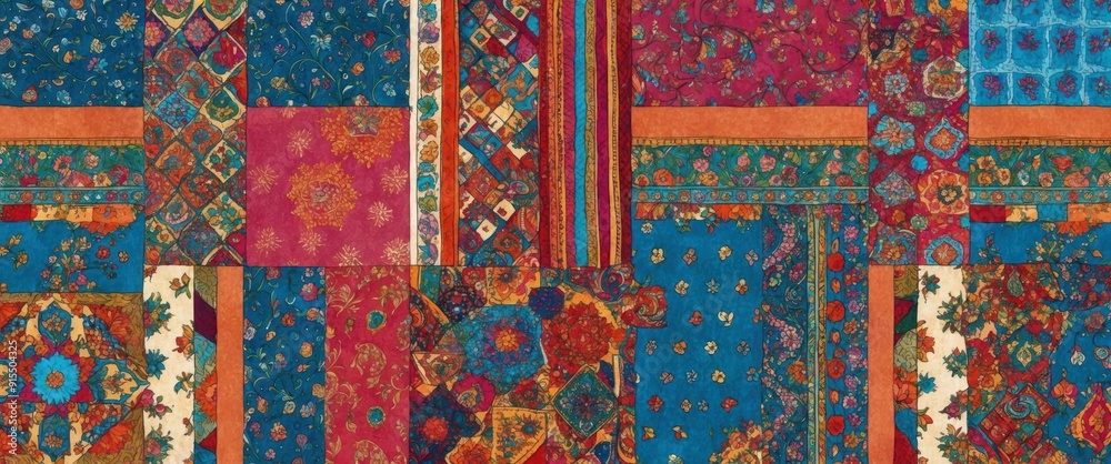 Vibrant patchwork fabric featuring intricate patterns and rich colors ideal for home decor and textile art Vibrant patchwork fabric featuring intricate patterns and rich colors ideal for home decor and textile art