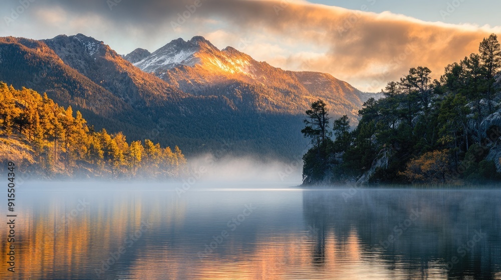 Vallecito Lake at sunrise, with mist rolling over the water and mountains in the background