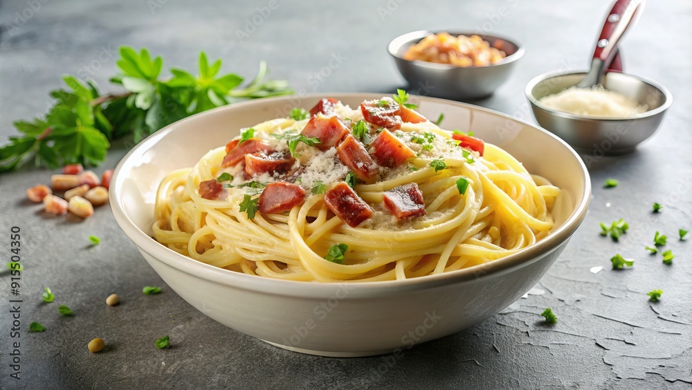 Delicious spaghetti carbonara served in a white ceramic bowl, topped with crispy bacon, shaved parmesan cheese, and black pepper, on a light stone background. Delicious spaghetti carbonara served in a white ceramic bowl, topped with crispy bacon, shaved parmesan cheese, and black pepper, on a light stone background.