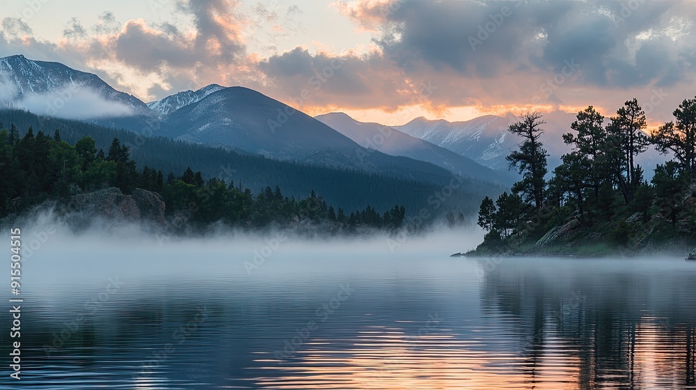 Vallecito Lake at sunrise, with mist rolling over the water and mountains in the background Vallecito Lake at sunrise, with mist rolling over the water and mountains in the background