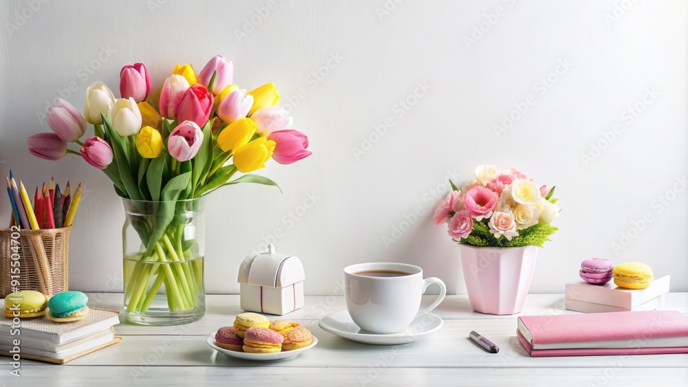 Elegant workspace setup featuring essential office supplies, spring-inspired flowers, and sweet treats, all arranged artfully on a clean white background with ample copy space.