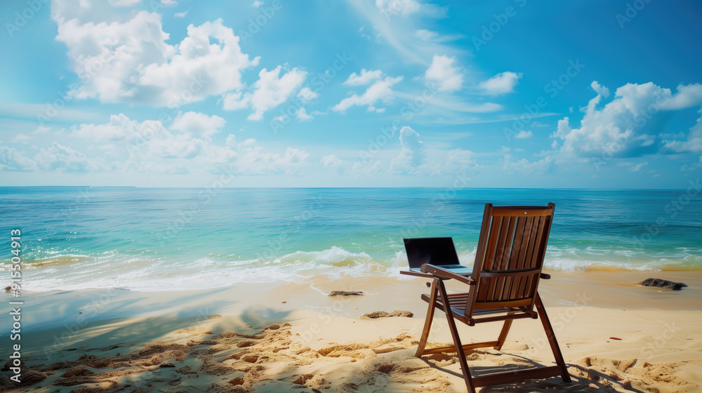 Wooden chair with laptop on a pristine sandy beach overlooking clear blue ocean and sky. Concepts of remote work, relaxation, tropical paradise and digital nomad lifestyle. Wooden chair with laptop on a pristine sandy beach overlooking clear blue ocean and sky. Concepts of remote work, relaxation, tropical paradise and digital nomad lifestyle.