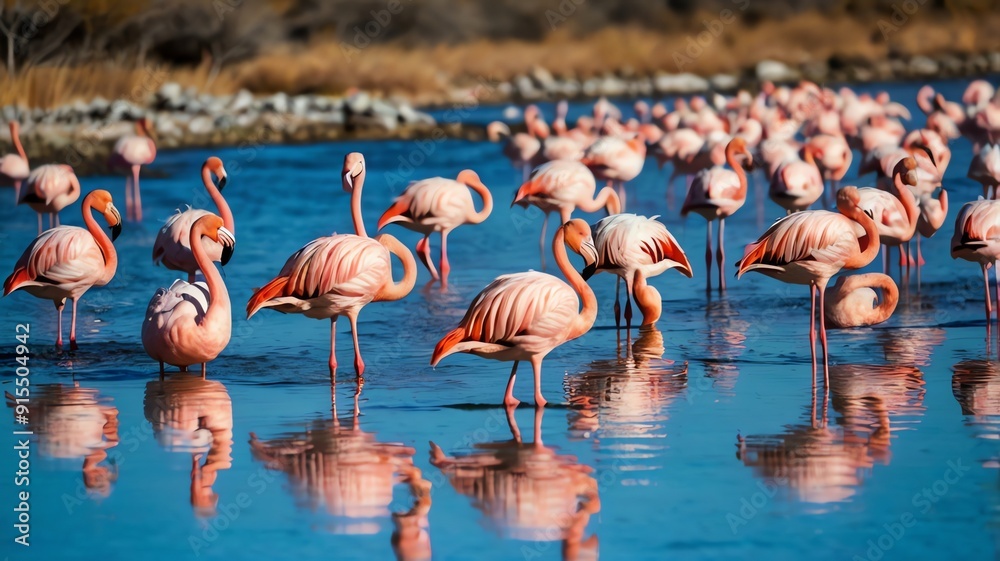 Obraz premium A group of pink flamingos standing in a shallow body of water.