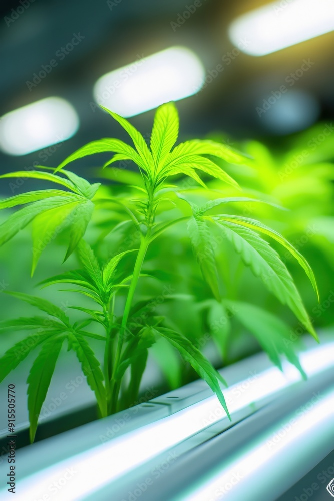 Young cannabis plants thriving under bright lights in a modern growth facility Young cannabis plants thriving under bright lights in a modern growth facility