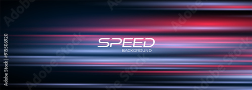 Blue and red high-speed background. Movement light trails effect on black abstract background. Wide technology banner with glowing blue and red light motion effect. Vector illustration