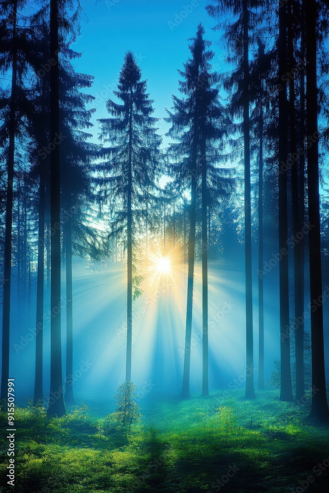 Obraz premium Golden rays filter through misty pine forest at dawn