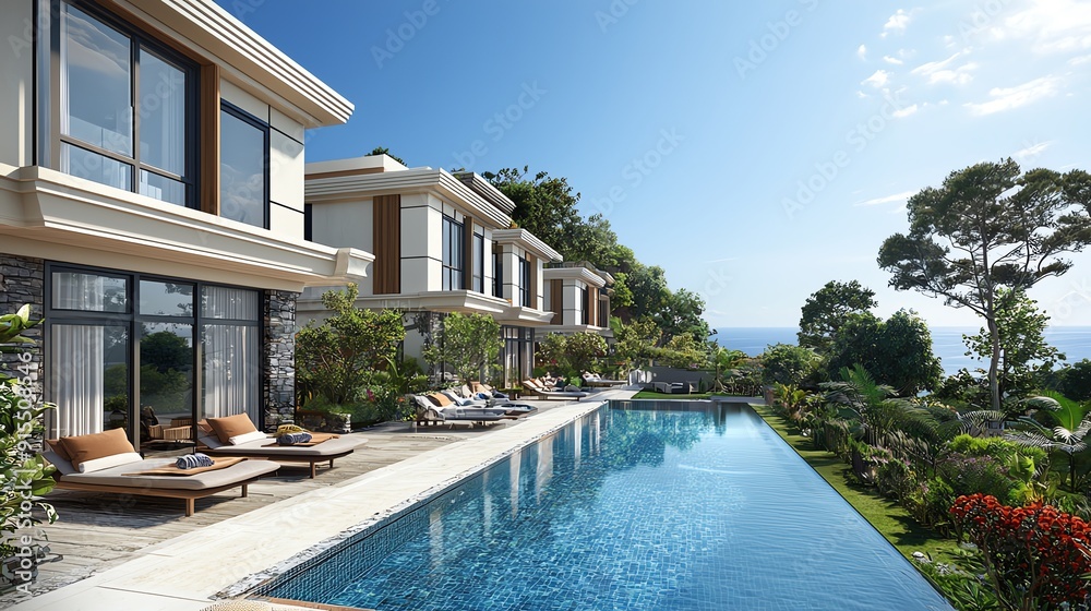 Fototapeta premium Stunning modern villa with infinity pool overlooking lush greenery and beautiful ocean views in bright, sunny weather.