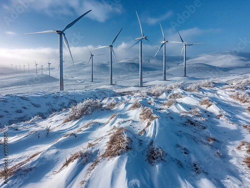 A field of wind turbines covered in snow. The snow is covering the blades of the wind turbines, making them look like they are covered in ice. The scene is peaceful and serene photo