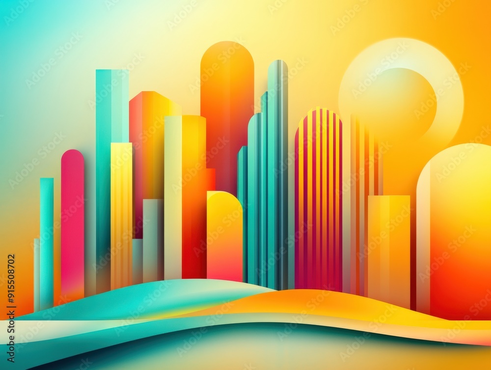 Vibrant abstract cityscape under a glowing sunset with flowing hills Vibrant abstract cityscape under a glowing sunset with flowing hills