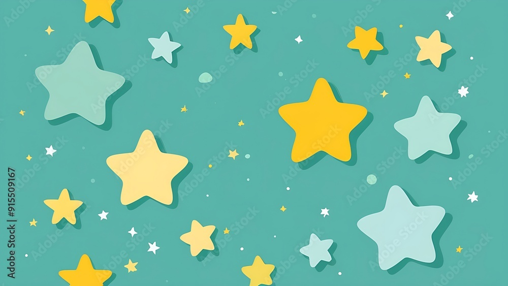 Green background with white, yellow and green stars suitable for festive occasions, party invitations, and celebratory designs. Eyecatching and vibrant. 9