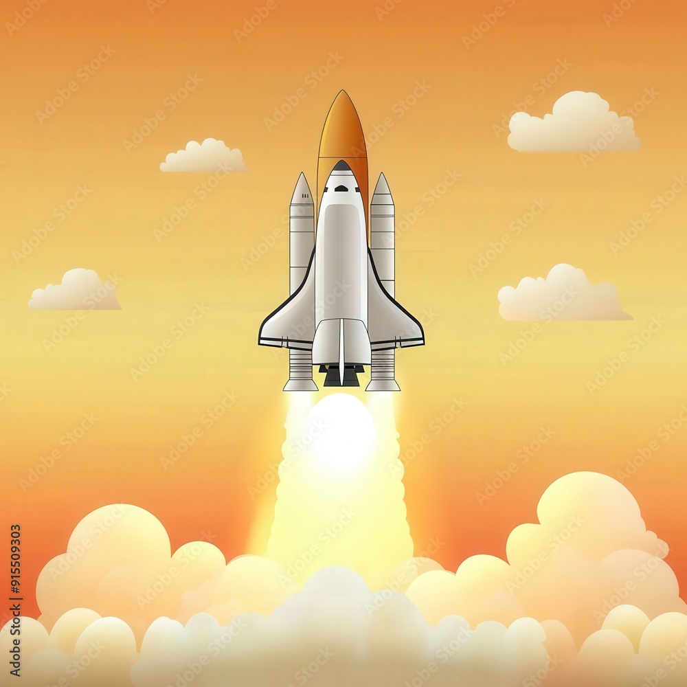 Obraz premium A vibrant rocket launch against a colorful sunset sky filled with fluffy clouds