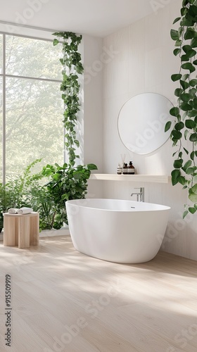 This modern bathroom features a white bathtub, wooden flooring, and vibrant greenery visible through the large window