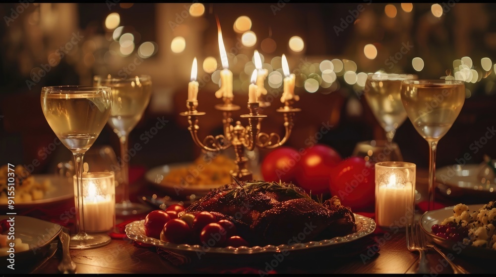 A serene Hanukkah evening with a menorah and traditional foods. A serene Hanukkah evening with a menorah and traditional foods.