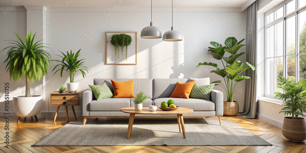 Fototapeta premium Bright and cozy modern living room interior have sofa and plant with white wall