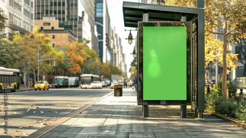 Bus stop in New York city with vertical digital OOH mockup with green screen