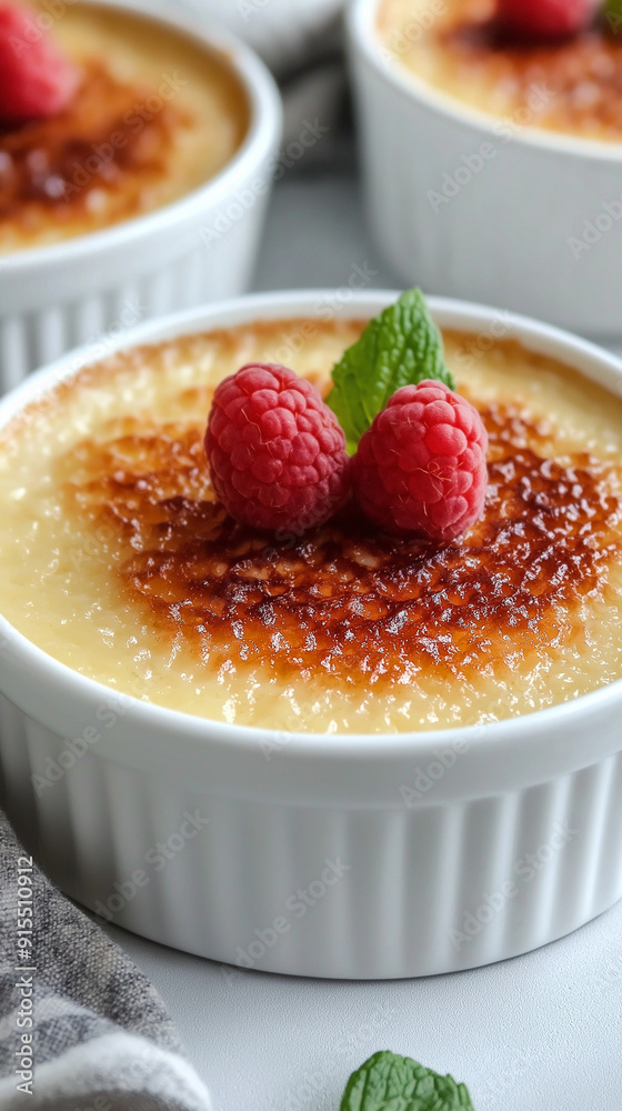 Classic crème brûlée with caramelized sugar crust, garnished with fresh raspberries and mint | Elegant dessert served in white ramekin | High-resolution image for gourmet blogs or restaurant menus Classic crème brûlée with caramelized sugar crust, garnished with fresh raspberries and mint | Elegant dessert served in white ramekin | High-resolution image for gourmet blogs or restaurant menus