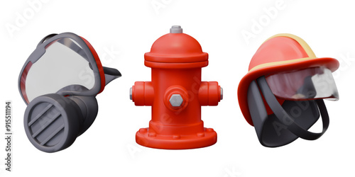 Fireman helmet, respirator with protective shield, red fire hydrant