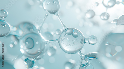 Fototapeta Naklejka Na Ścianę i Meble -  Hyaluronic acid molecules background. Collagen molecular structure. Bubbles, moisturiser, liquid essence, serum or toner, beauty and cosmetics background. Skin care. Amino acid chemical formula