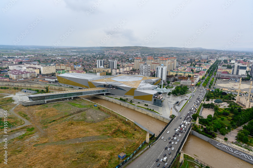 Fototapeta premium Grozny, Russia. Memorial. Panorama of the city center from the air. Time after sunset, Aerial View