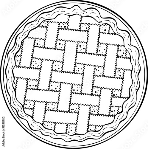 Traditional fruit pie top view. Apple, pumpkin or berry pie on a plate. Autumn dessert. Vector illustration in hand drawn sketch doodle style. Line art isolated on white for coloring book, print