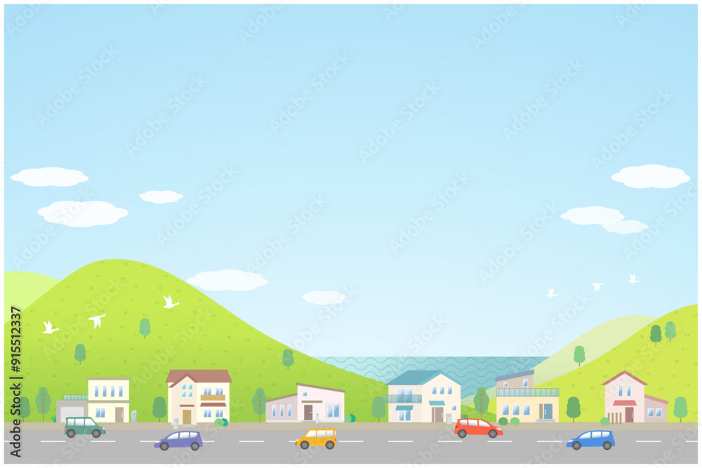 海が見える郊外の街並み風景イラスト 海が見える郊外の街並み風景イラスト