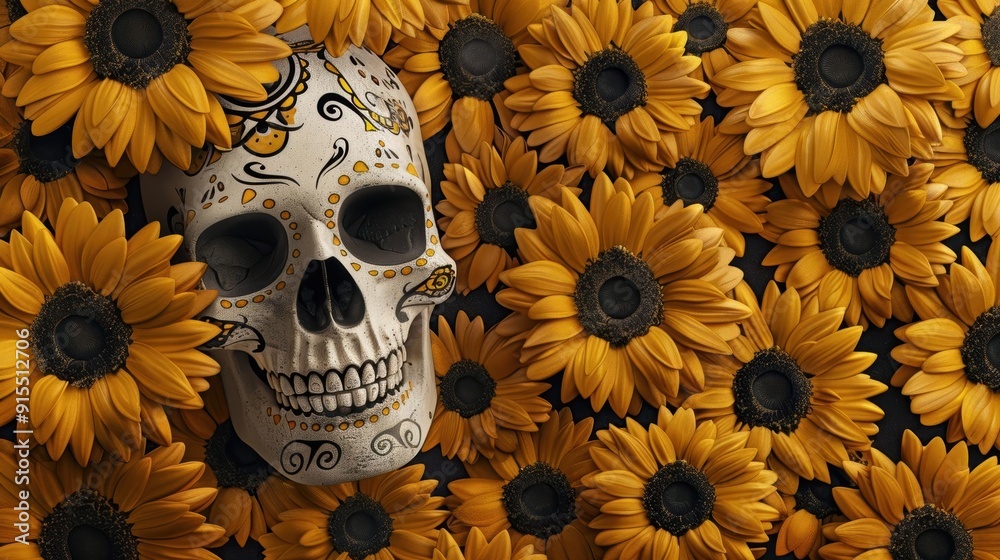 Dia de los muertos or day of the dead celebration banner with empty space scull decorated with marigold flower mexican traditional festive Day of the Dead Ultra realistic Photoreal Dia de los muertos or day of the dead celebration banner with empty space scull decorated with marigold flower mexican traditional festive Day of the Dead Ultra realistic Photoreal