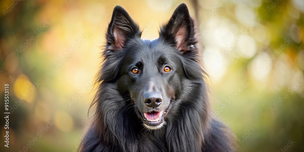 Fototapeta premium belgian sheepdog, groenendael black dog portrait wallpaper with good expression and blurred neutral background