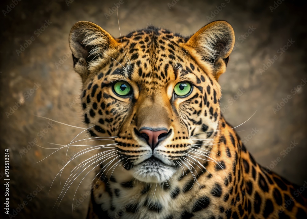Majestic leopard's face with distinctive rosette spots and piercing green eyes, whiskers twitching, portrait shot against a muted earthy background with subtle textures. Majestic leopard's face with distinctive rosette spots and piercing green eyes, whiskers twitching, portrait shot against a muted earthy background with subtle textures.