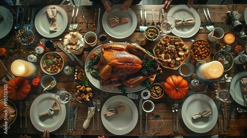 A traditional Thanksgiving dinner table set with roasted turkey and side dishes.