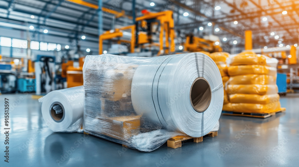 Rolls of industrial plastic wrap and packaged products on pallets in a modern factory setting with machinery and equipment in the background.