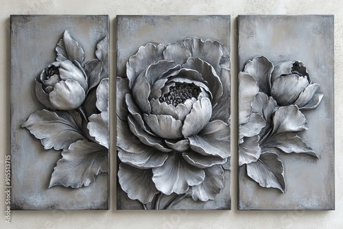 A Set of 3 Canvases Featuring Volumetric Stucco Molding on a Concrete Wall with Charcoal Elements photo